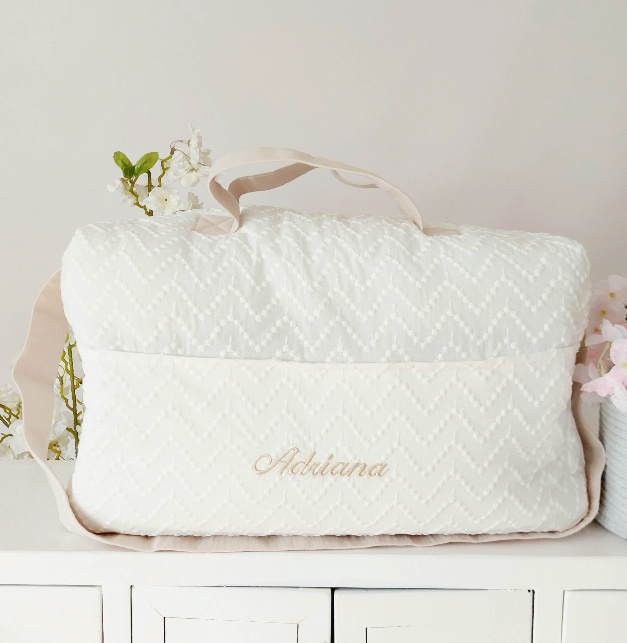 Bolso de maternidad tela adriana y asas bambula beige - Mimitos Home