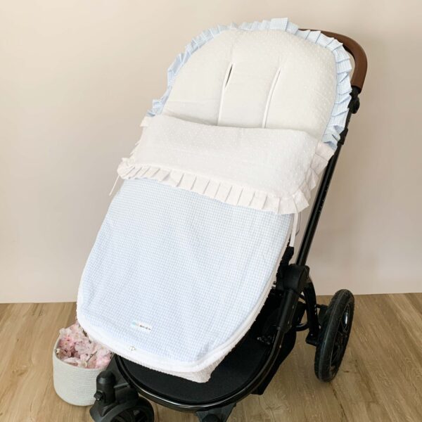 saco de silla plumeti blanco con vichy azul y plumeti blanco