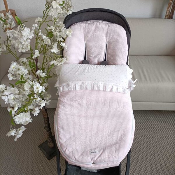 Saco para silla de paseo Tela vichy rosa bebe con tela blanca plumeti rosa