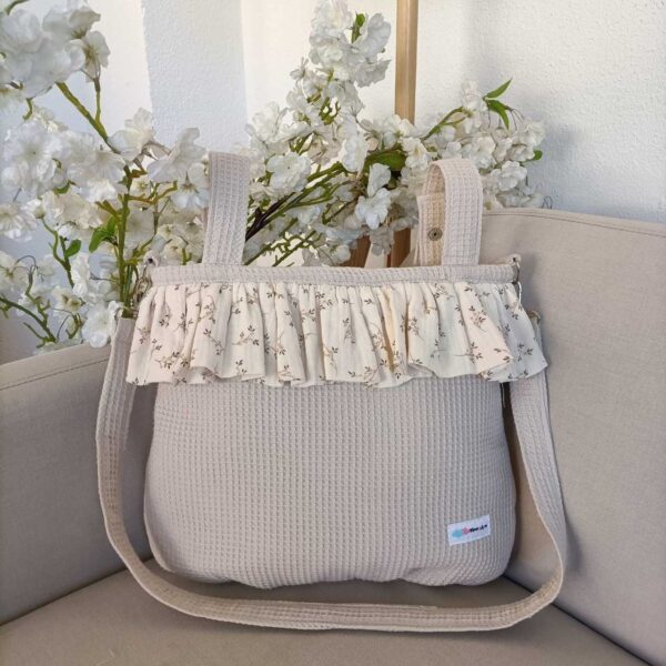 Bolso Bombonera Tela Sack Beige y volante tela Bambula flores