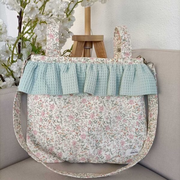 Bolso Bombonera Tela Flores Dublín y Volante tela Sack verde maquillaje