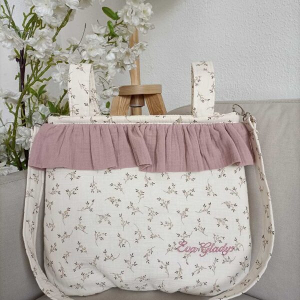 Bolso Bombonera Tela Bambula flores y volante tela Bambula bambula rosa maquillaje