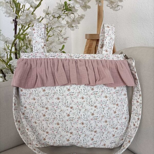 Bolso Bombonera Tela Bruselas y Volante Bambula rosa maquillaje