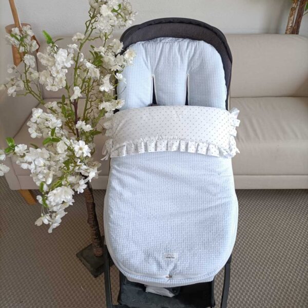 Saco para silla de paseo Tela vichy azul bebé con tela blanca plumeti azul
